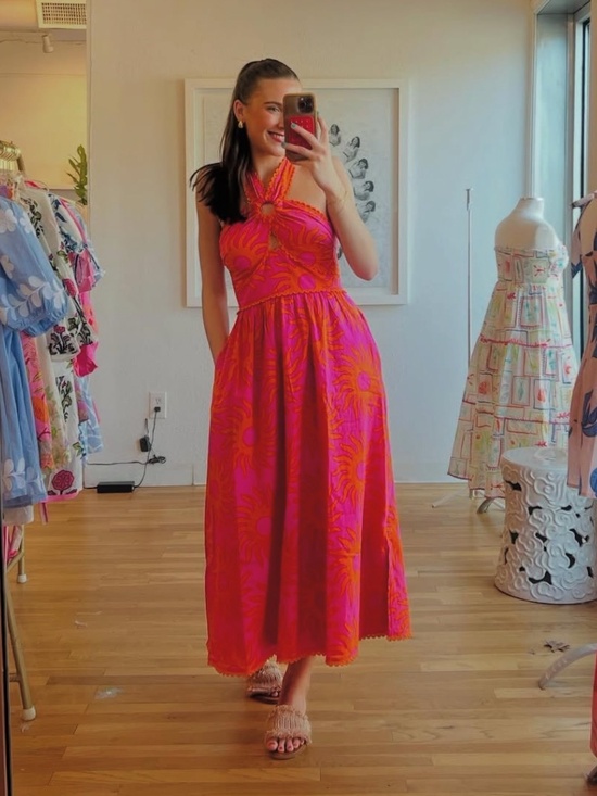 J.Marie Dresses & Skirts - NWT J.Marie Mara Ric Rac Halter Midi Dress Pink Orange Sun Print Sz S